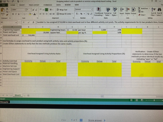 Assigning indirect costs to products or services using activity based costing - Excel INSERT PAGE LAYOUT FORMULAS DATA POFVIE