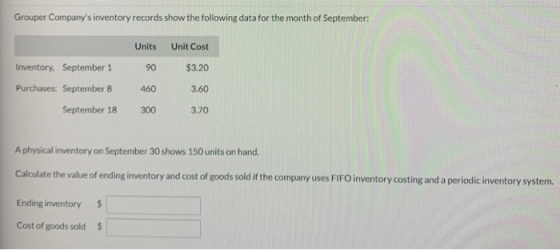 Grouper Companys inventory records show the following data for the month of September: Units Unit Cost $3.20 Inventory, Sept