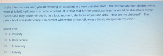 In the intensive care unit, you are working on a patient in a very unstable state. The woman and her children (who were all k