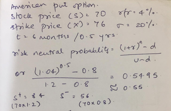 American put option. shock price (s)2 70 off-4%. strike price (X) = 76 sa 20%. t26 months lo.5 yrs . risk neutral probablity=