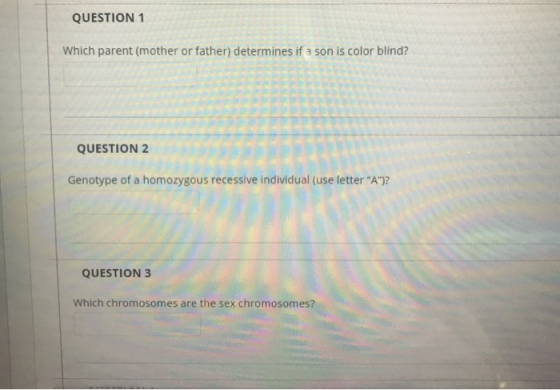 QUESTION 1 Which parent (mother or father) determines if a son is color blind? QUESTION 2 Genotype of a homozygous recessive