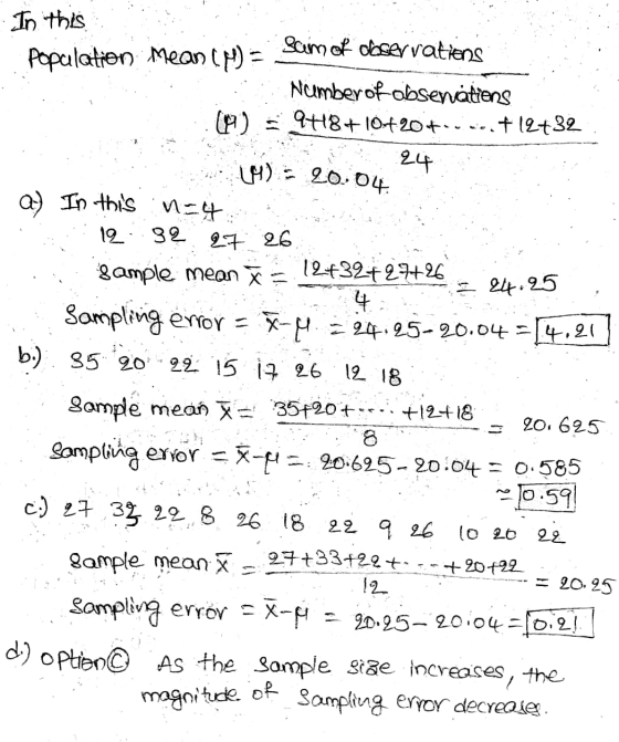 In this population mean (M) = Sum of observations Number of obsenatiens (M)9H18+ 10+20+-- + 12+32 24 14) 20.04. 2 247.25 a) I