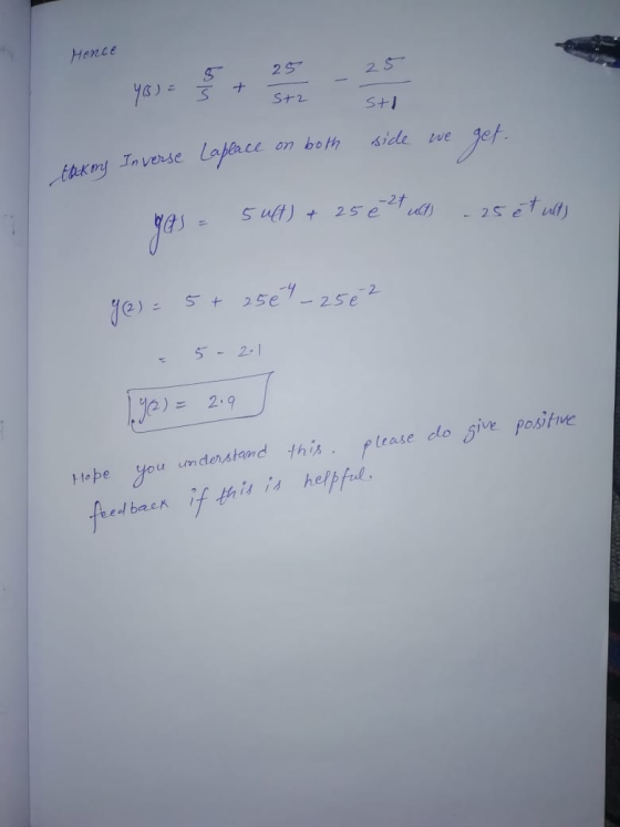 Hence - 5 25 Y) = 8 + 25 5 + 5+2 25 - - - S+2 sti taking Inverse Laplace on both side we get. gas = 5 ult) + 25 é et ult) - 2