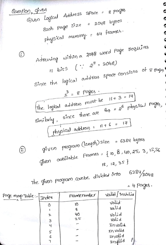 Quotion gives Gnes Logical Address sPace pag ach Page size - 2oye byhes 64 frames sical mmody re) bits - 3046) Con sists singe the logical adnsfa conslsts of s y addseus 8 Pages The logta add Similarly, since here ae 64 PhysiaJ given ogram am (length) size628 bjtes The given progam onbe divde,mto 628%048 Page map Table:index 10 valid vaUd Valid vali d Tnvalid rr valid anvali d 40 5