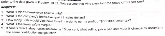 Refer to the data given in Problem 18.33. Now assume that Vine pays income taxes of 30 per cent. Required: 1. What is Vines