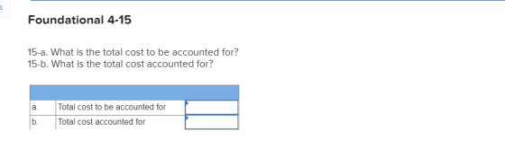 Foundational 4-15 15-a. What is the total cost to be accounted for? 15-b. What is the total cost accounted for? a. b. Total c