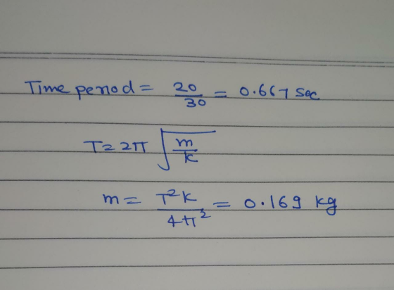 Time penod= 20 = 0.667 sec m= TK . = 0.169 kg