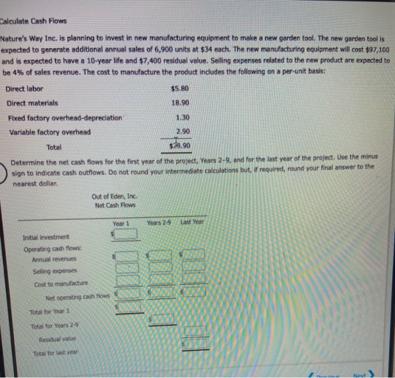 Calculate Cash Flows Natures Way Inc. is planning to invest in new manufacturing equipment to make a new garden tool. The ne