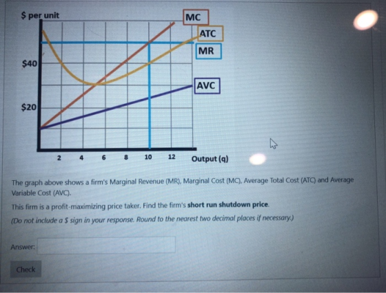 $ per unit MC ATC MR $40 AVC $20 2 4 6 8 10 12 Output (9) The graph above shows a firms Marginal Revenue (MR), Marginal Cost