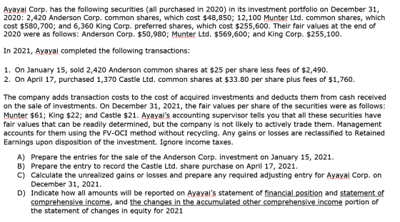 Ayayai Corp. has the following securities (all purchased in 2020) in its investment portfolio on December 31, 2020: 2,420 And