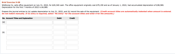 Brief Exercise 9-08 Wildhorse Co. sells office equipment on July 31, 2022, for $20,340 cash. The office equipment originally