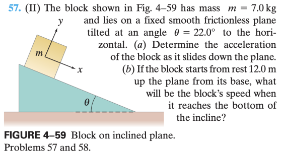 57. (II) The block shown in Fig. 4–59 has mass m = 7.0 kg and lies on a fixed smooth frictionless plane tilted at an angle 0