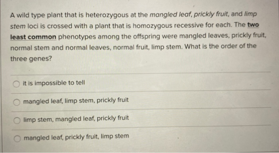 A wild type plant that is heterozygous at the mangled leaf, prickly fruit, and limp stem loci is crossed with a plant that is
