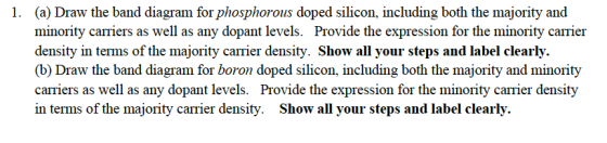1. (a) Draw the band diagram for phosphorous doped silicon, including both the majority and minority carriers as well as any