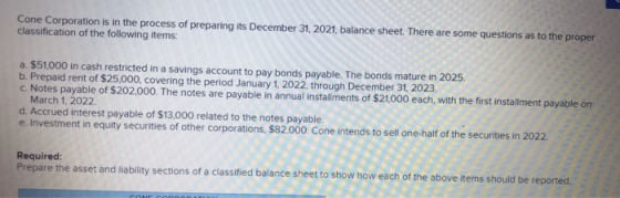 Cone Corporation is in the process of preparing its December 31, 2021, balance sheet. There are some questions as to the prop