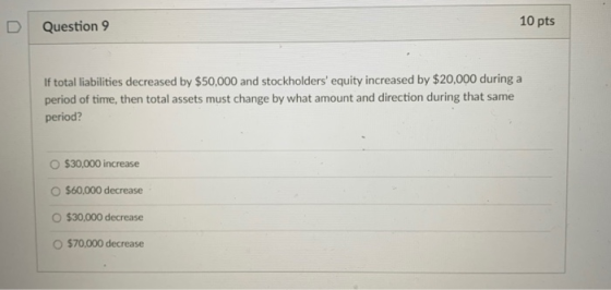 Question 9 10 pts If total liabilities decreased by $50,000 and stockholders equity increased by $20,000 during a period of