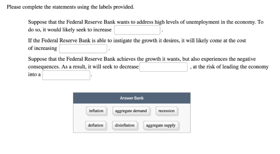 Please complete the statements using the labels provided. Suppose that the Federal Reserve Bank wants to address high levels