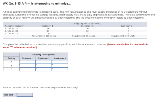WK Qu. 3-13 A firm is attempting to minimize... A firm is attempting to minimize its shipping costs. The firm has 3 factories