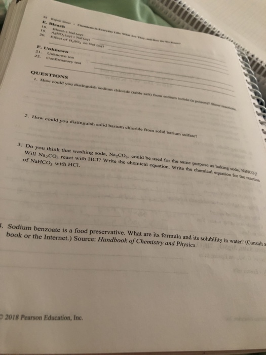 F. Uknown QUESTIONS 1. How could you distinguish sodium che f red a 2. How could you distinguish solid barium chloride from s