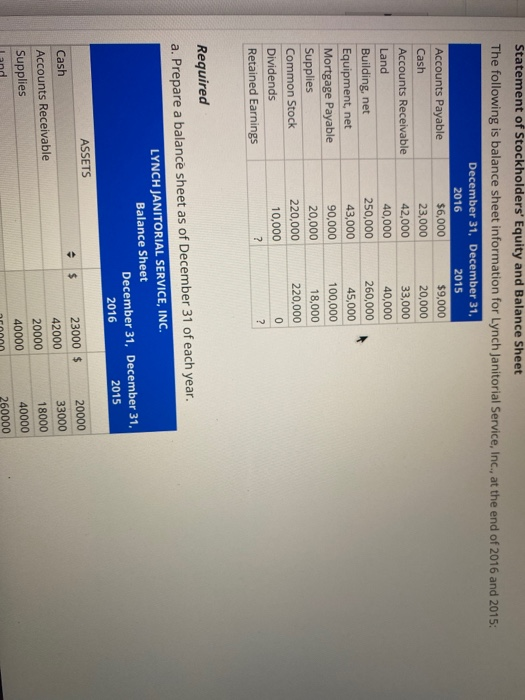 Statement of Stockholders Equity and Balance Sheet The following is balance sheet information for Lynch Janitorial Service,