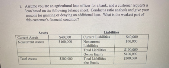 1. Assume you are an agricultural loan officer for a bank, and a customer requests a loan based on the following balance shee
