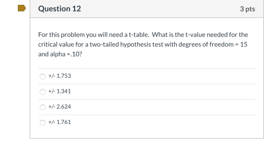 Question 12 3 pts For this problem you will need a t-table. What is the t-value needed for the critical value for a two-taile
