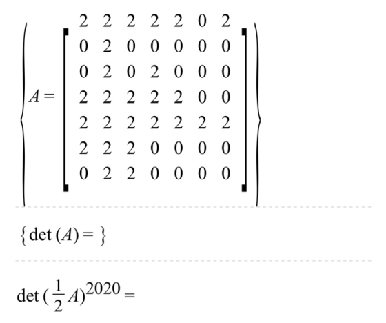 2 2 2 2 2 0 2 A= 0 2 0 0 0 0 0 0 2 0 2 0 0 0 2 2 2 2 2 0 0 2 2 2 2 2 2 2 2 2 2 0 0 0 0 0 2 2 0 0 0 0 det (A)= } det ( Ž.4)202