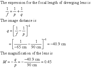 The expres sion for the focal length of diverging lensis The image distance is =-40.9 cm -65 cm 90 cm The magnification of the lens is Cn = 0.45 p 90 cm