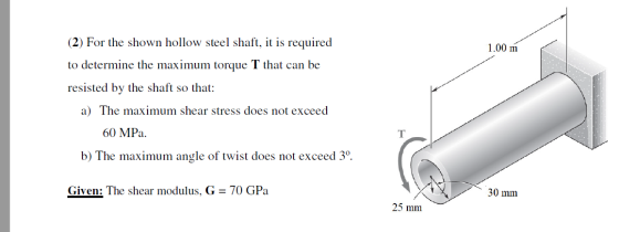 (2) For the shown hollow steel shaft, it is required 1.00 m to determine the maximum torque T that can be resisted by the sha