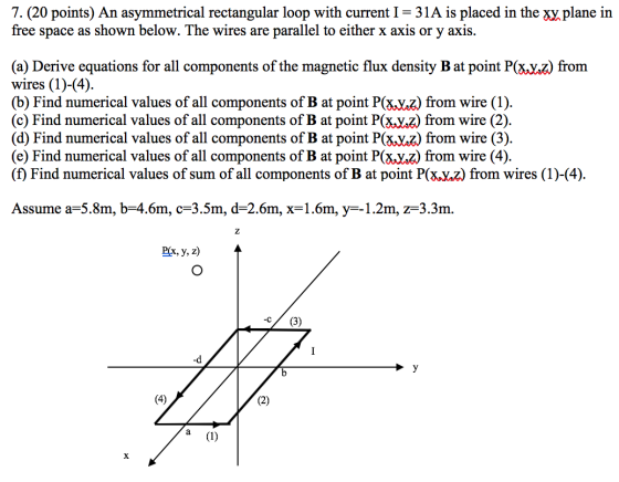 7. (20 points) An asymmetrical rectangular loop with current I = 31A is placed in the xx plane in free space as shown below.