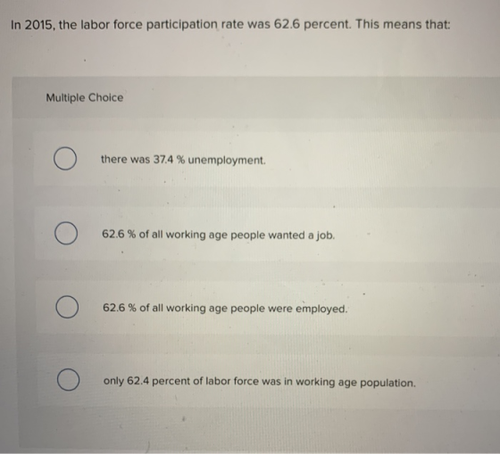 In 2015, the labor force participation rate was 62.6 percent. This means that: Multiple Choice Ο there was 37.4 % unemploymen