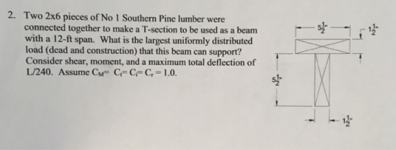 2. Two 2x6 pieces of No 1 Southern Pine lumber were connected together to make a T-section to be used as a beam with a 12-ft span. What is the largest uniformly distributed load (dead and construction) that this beam can support? Consider shear, moment, and a maximum total deflection of L/240. Assume Cy® C,-Ci= Cr = 1 .0. 왈