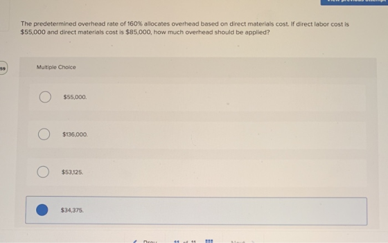 The predetermined overhead rate of 160% allocates overhead based on direct materials cost. If direct labor cost is $55,000 an