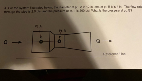 4. For the system illustrated below, the diameter at pt. A is 12 in. and at pt. B it is 4 in. The flow rate through the pipe