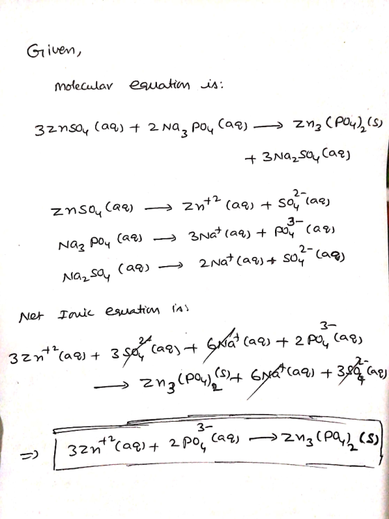 Given, molecular equation is: 3znsoy (aq) + 2 Naz pou (aq) → znz (PO4), (S) + 3Na2SO4 (aq znso CQQ) - 2n+2 (aq) + som lags Na