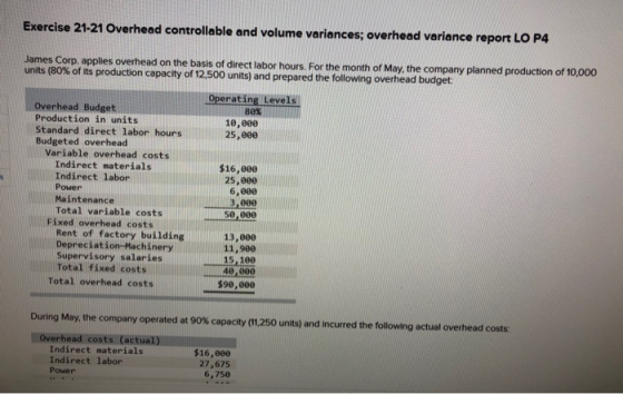 Exercise 21-21 Overhead controllable and volume variances; overhead variance report LO P4 James Corp. applies overhead on the
