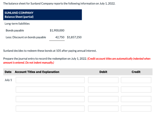 The balance sheet for Sunland Company reports the following information on July 1, 2022. SUNLAND COMPANY Balance Sheet (parti