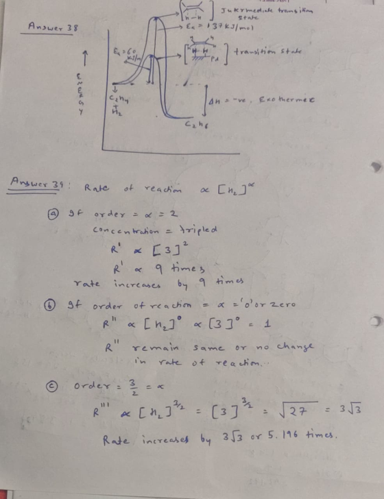 Jukrmeat,ale transition state → 37 kJ/mol Answer 38 transition state ر ی لانه 2 لبه Cahy An -ve Exotherman Answer 39: Rate of
