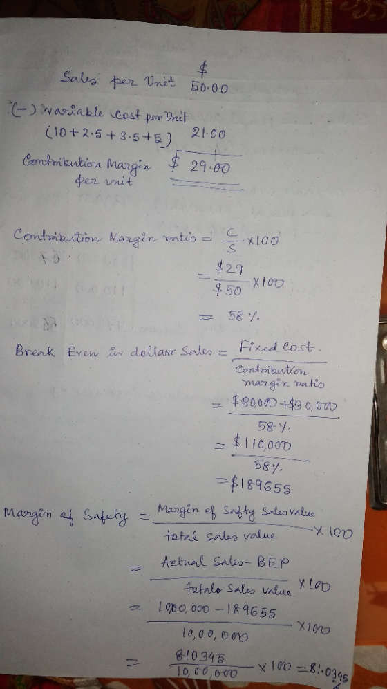 sales per Vnet 50.00 (-) wariable cost per vite (10+2.5 +3.5+5) 21:00 Contribution Margin $ 29:00 per unit Contribution Margi