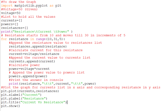 #To draw the Graph import matplotlib.pyplot as plt #Voltage=50 (Given) voltage=50 #List to hold all the values currents=[] po