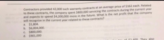 Contractors provided 42,000 such warranty contracts at an average price of $162 each. Related to these contracts, the company