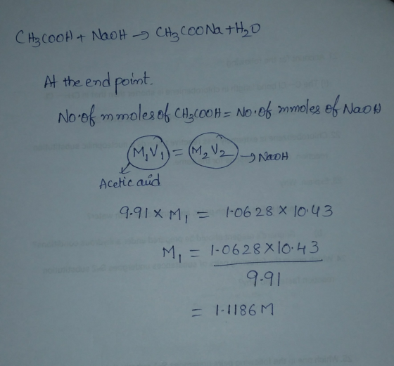 CH₃COOH + NaOH CH₃COONa+H₂O At the endpoint. No of mmoles of CH2COOH = No. 06 mmoles of NaOH) (M, VI) = (M₂ V2) NOOH Acetic a