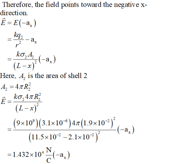 Therefore, the field points toward the negative x- direction. Ē = E(-a) kq-a ko,Ą (-as) (L - x) Here, A, is the area of shell