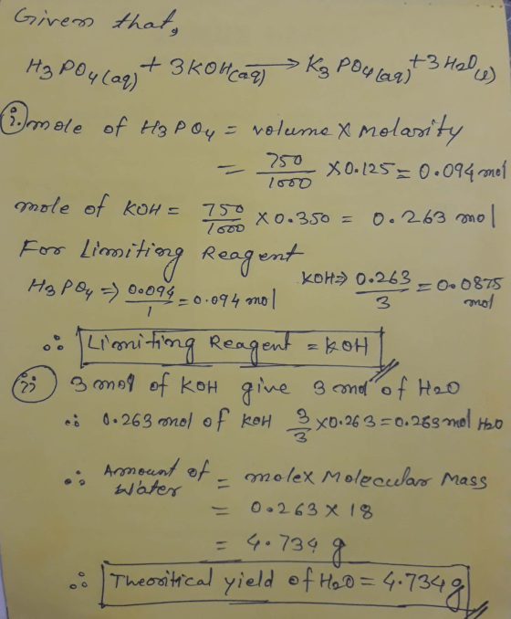 10004 KOH Ha z 0 875 Gires that, H3 Pou (aq) + 3 koncaq) > Kg Pou laast 3 Hal ) (2. mole of H₂ P Oy = volume X molasity = 788