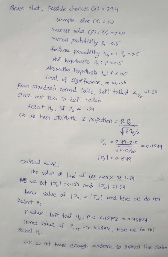 Civen thot, Possible chances2q. Sample seze Cn)ク60 level oe Sign?ficance, α-026 frown standaod normal table, left tailed z%-1.64 STnce oust text left-tailed 0.25/60 ) e ) = o.ISy9 Car ticol value: The value d Zg, at los. 0.05% , 1.6u k旭.ce got lZol.co.iss, and klst. Gu Hence value of7 Z) and hene ae do nt defect to do rot aue do not hove enough evidence to suppoot the chim