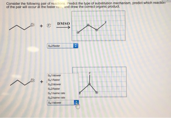 Consider the following pair of reactions, Predict the type of substitution mechanism, predict which reaction of the pair will