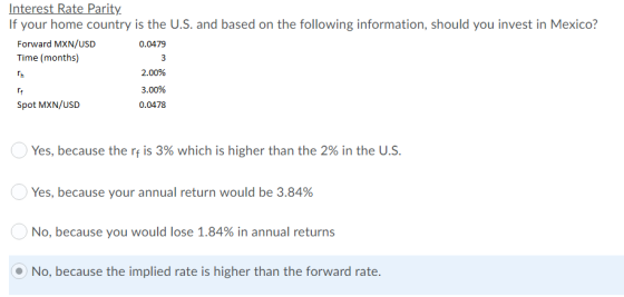 Interest Rate Parity If your home country is the U.S. and based on the following information, should you invest in Mexico? Fo