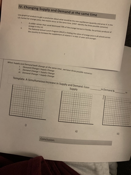 IV. Changing Supply and Demand at the same time Use graphical analysis to get a conclusion about what would be the new equili