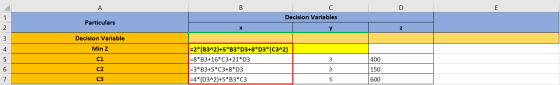 А B D E с Decision Variables 1 Particulars 2. х Y 3 Decision Variable Min Z 4 5 c1 > 400 = 2*(B3^2)+5*83*D3+8*D3*(C3^2) =8*B3