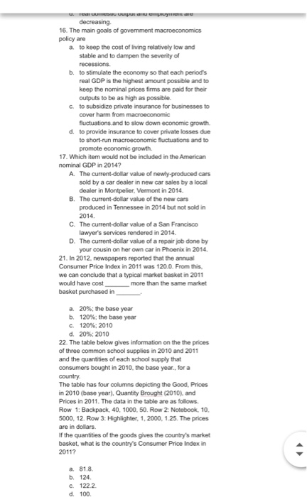 ப. மன பயமா பயானா சாயாபரானன decreasing 16. The main goals of government macroeconomics policy are a. to keep the cost of livin